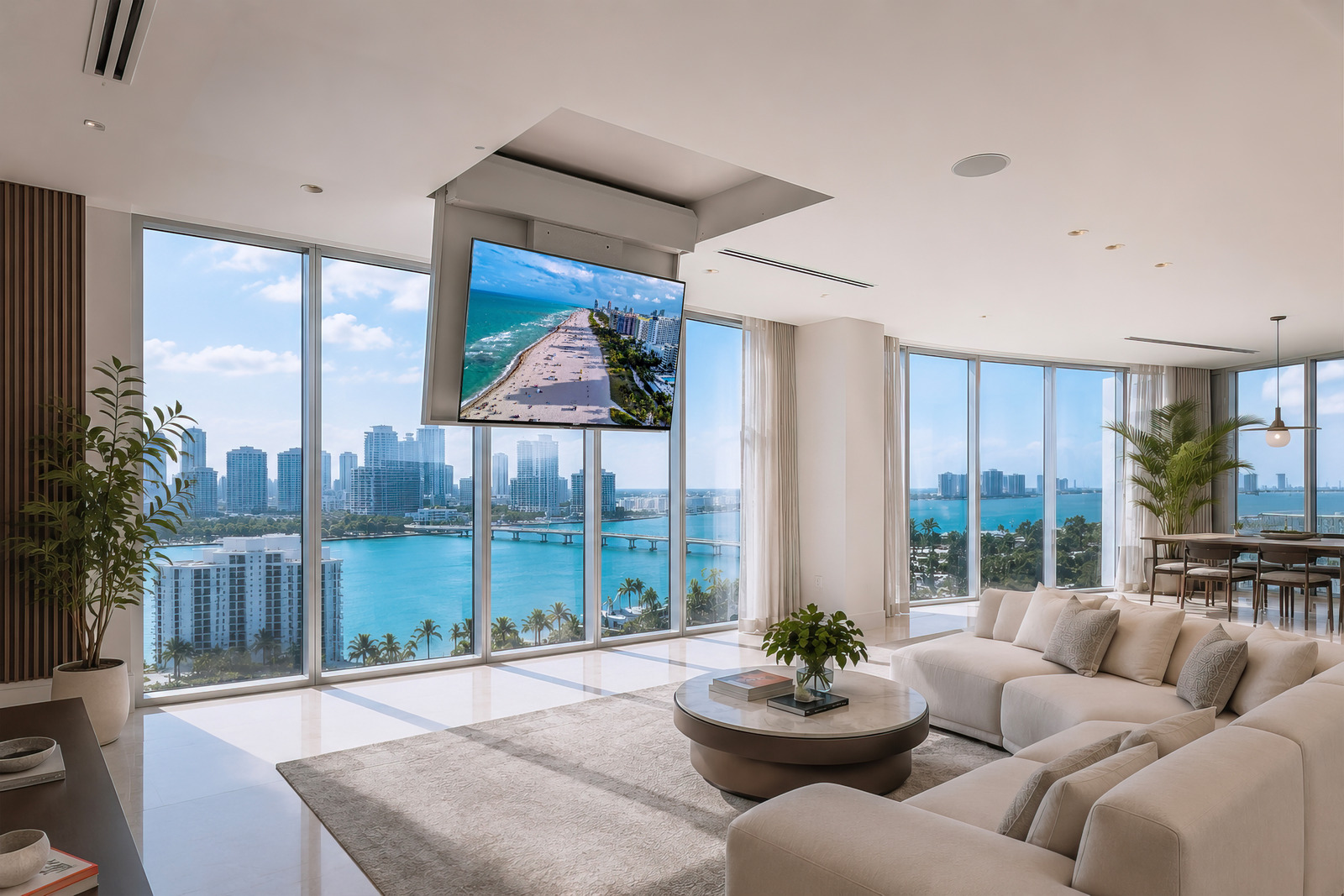 A television lowered from the ceiling in a furnished waterfront living room